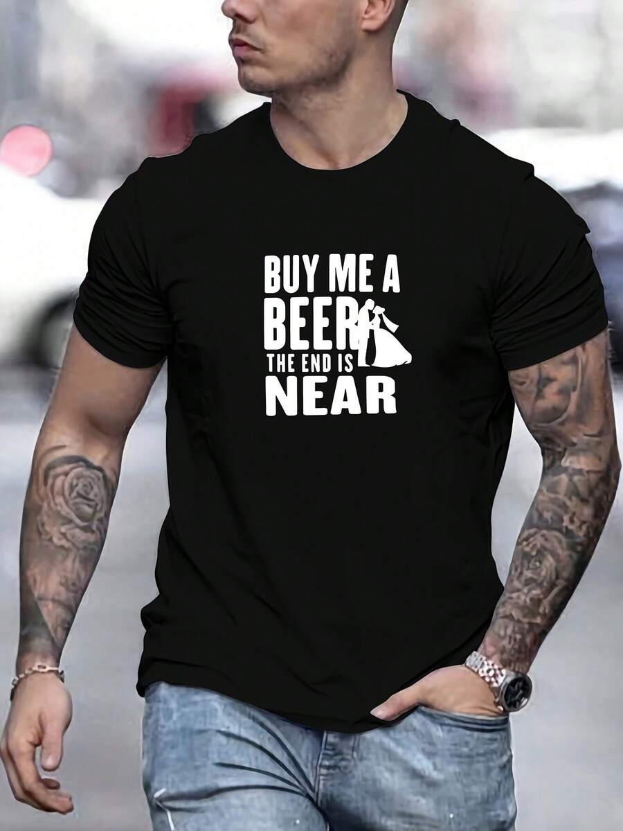 T-shirt d'été décontracté pour hommes – Imprimé "Achète-moi une bière, la fin est proche", coton, col ras-du-cou, manches courtes, coupe régulière, tenue décontractée d'été | T-shirt humoristique - Blanc - Voir 1