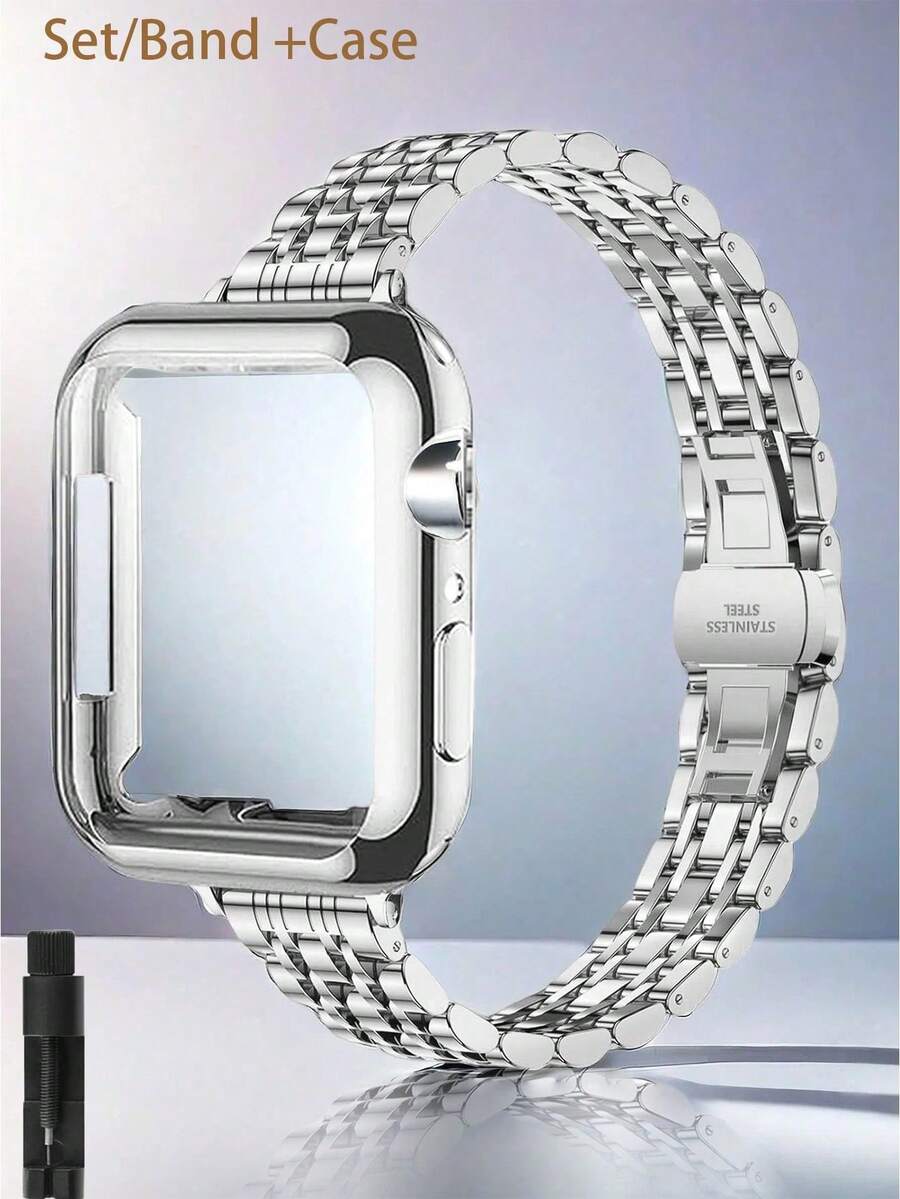 1件組 女款不鏽鋼金屬錶帶 + 錶殼，銀色，適用於 40mm、41mm、42mm、38mm、45mm、44mm、42mm、46mm、49mm，適合 Series 11/10/9/8/7/6/5/4/3/2/1/SE，智慧手錶配件套組