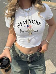 女款圓領短袖T恤，夏季新款國旗圖案與字母印花，時尚修身短版上衣，適合日常休閒穿著，白色 - 白色 - 查看 10