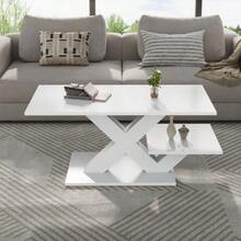 Coffee Table, Rectangular In White, Double Worktop, High Gloss Finish, Side Table, Sofa Table, Living Room Table Made Of MDF, X-Shaped Geometric Table Legs, Load Capacity Up To 10 Kg, 100x48x45cm - White - View 7
