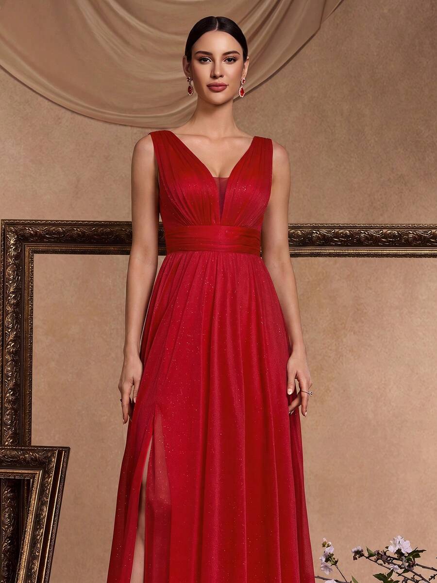 BluePlum Summer High-Quality Elegant Deep V-Neck Sleeveless 3D Pleated Design A-Line High Slit Fitted Silhouette Evening Gown Red Wedding Party Fall - Red - View 1