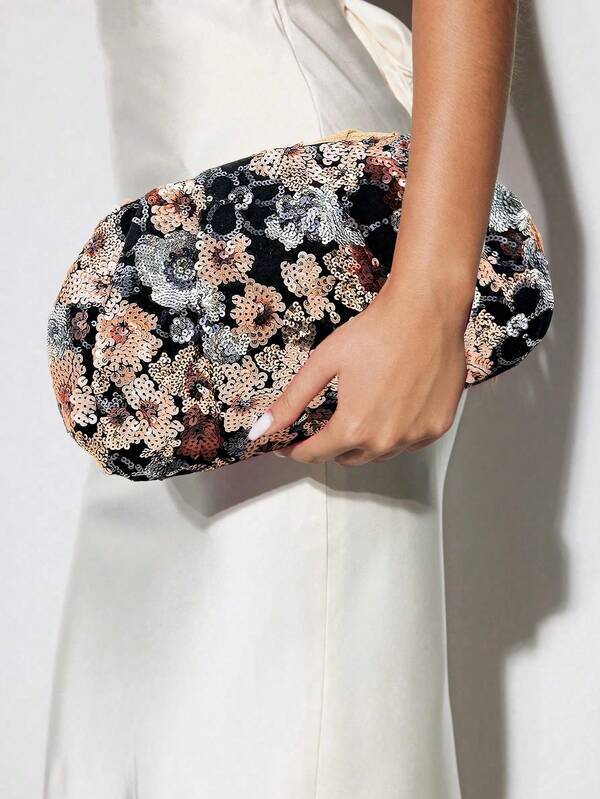 ENBEI Elegant Gold-Plated Sequin Floral Evening Bag - Large Makeup Bag, Black Base, Decorated With Gold Embossed 3D Floral Pattern, Party Clutch, Elegant Women's Clutch, Suitable For Parties, Evening Events, Weddings, Dates, Shopping And Other Occasions. Mother's Day Gift, Sparkling Holiday Gift, Valentine's Day Gift.