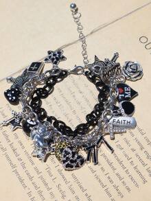 1pc Love Yourself Slogan Charm Bracelet, Dark Leopard Print Star Vortex Cross Bracelet, Cross Angel Bracelet - Black - View 6