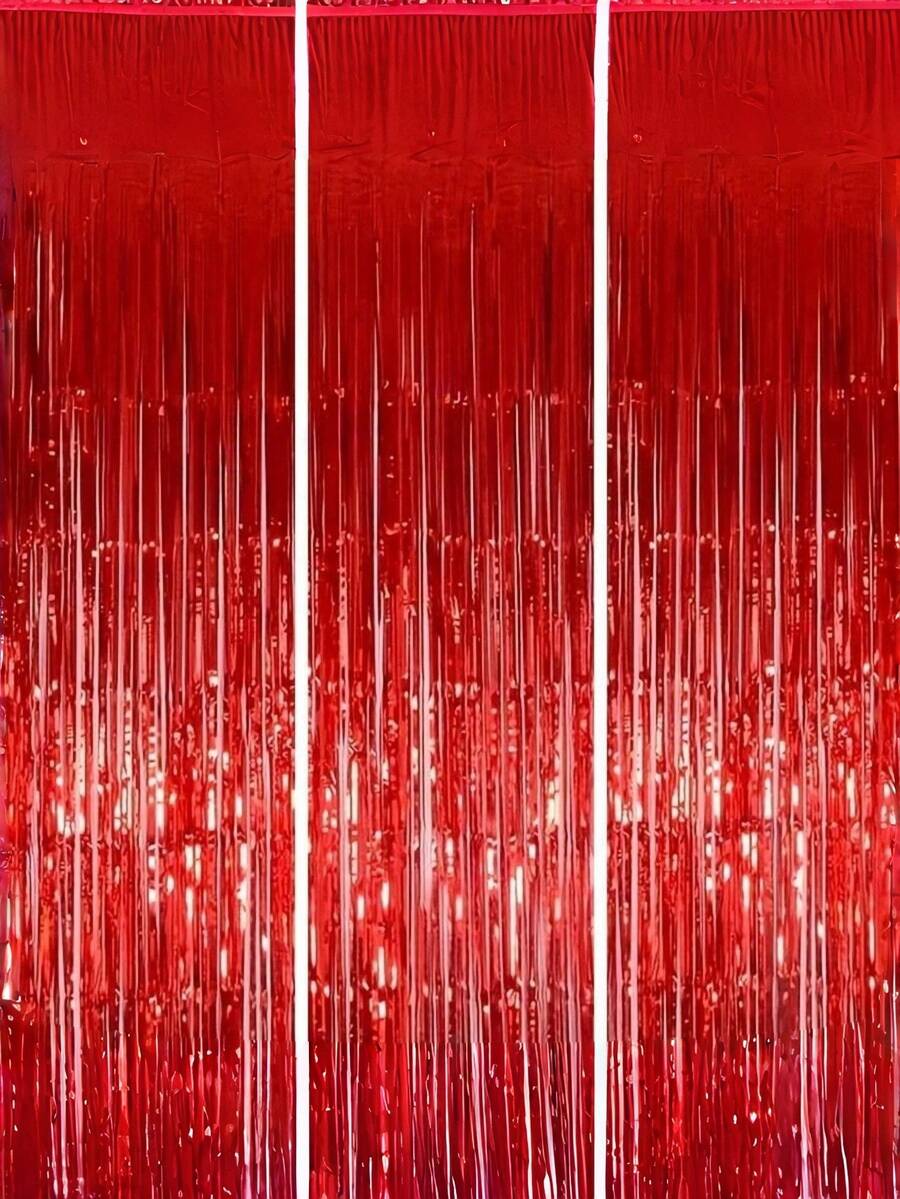 3pcs/Set Tirai Hujan Rumbai Merah 100*200cm, Desain Tekstur Metalik Mengkilap, Cocok Untuk Properti Studio Fotografi, Pesta Ulang Tahun, Pesta Lajang, Pernikahan, Dekorasi Natal, Latar Belakang dan Dekorasi Pesta - merah - View 1