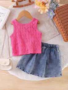 2pcs/Set Young Girl' Sweet Girly Style Fuchsia Vest + 3D Bow Denim Skirt Set, Summer - Hot Pink - View 2