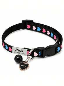 1pc Customized Heart Pattern Cat Collar, Customizable Engraved Name Phone ID Tag, Adjustable Comfortable Bell And Heart Pendant, Cute Cartoon Design Suitable For Cats And Small Dogs, Pet Gift - Multicolor - View 6