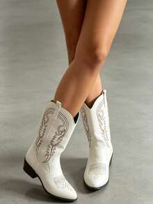 Elegant Fashionable Slip-On White Embroidered Western Boots, Stylish Mid-Calf Flat Riding Boots For Women, Autumn/Winter - White - View 3