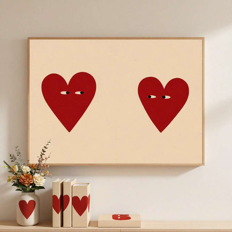 1pc Canvas Poster, Two Red Hearts With Googly Eyes, Funny And Quirky, Expressing Love And Humor, Wall Art Canvas Painting - A - View 1