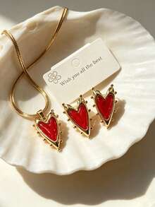 Y2K Sweet & Cool Red Enamel Heart Stainless Steel Jewelry Set, Studded Texture Heart Earrings & Snake Chain Necklace, Valentine's Day Graduation Photo Layering Set, Niche Contrast Gold Ear Studs, Independence Day Evening Candlelight Date Elegant Atmosphere Accessories - Multicolor - View 4
