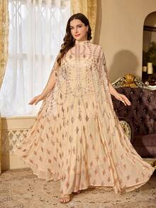 Plus Size Women's Heavy Beaded Embroidery Sequin Glamorous Stand Collar Elegant 2 Pieces Arabian Dress, Suitable For Ball And Multiple Occasions Fall - Apricot - View 7