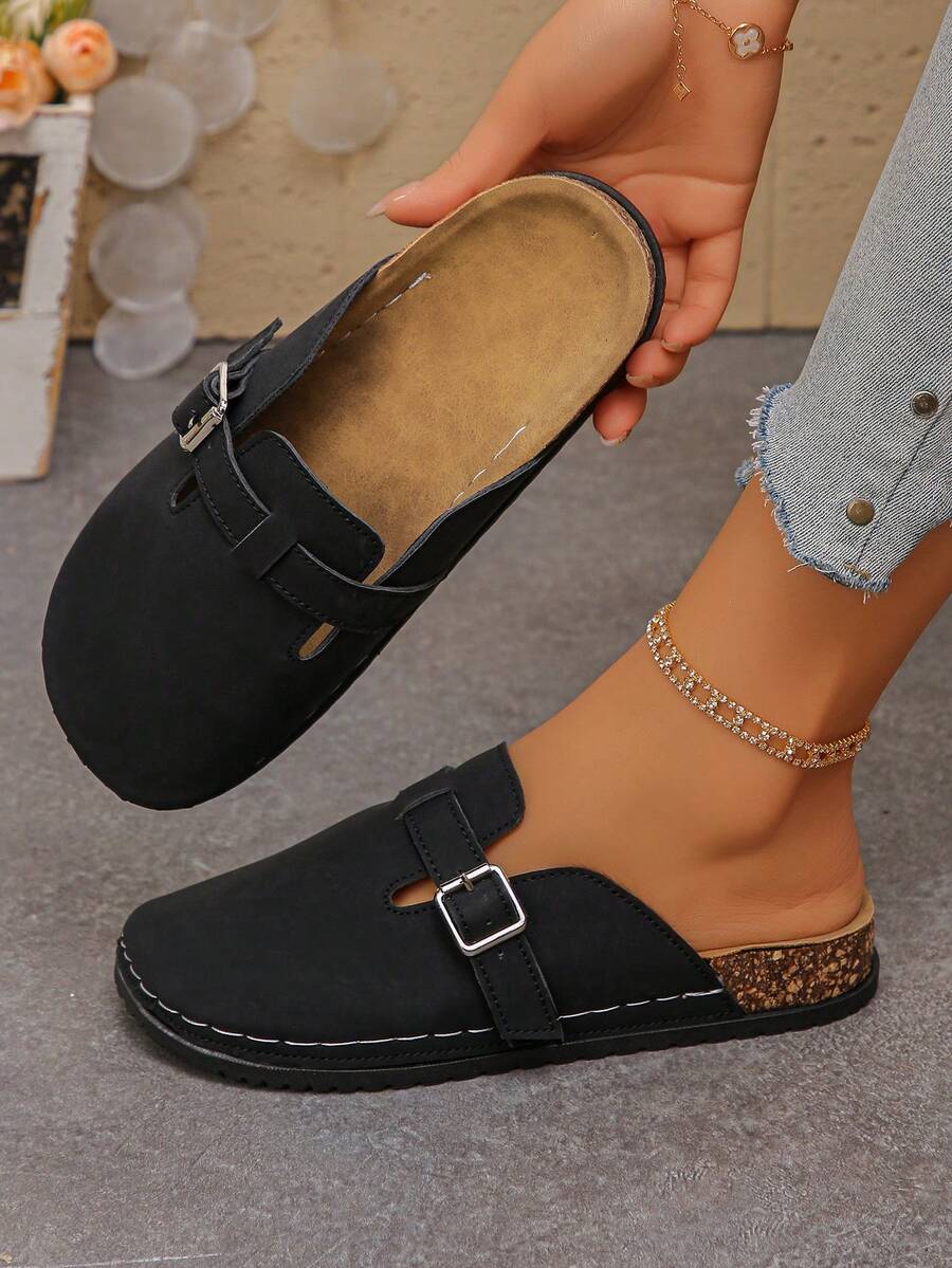Women's New Fashion Black Thick Sole Slippers, Versatile Soft Bottom Closed Toe Buckle Half-Slip Flat Shoes, Outdoor Casual Loose Comfortable Mule Shoes - Black Matte Finish - View 1