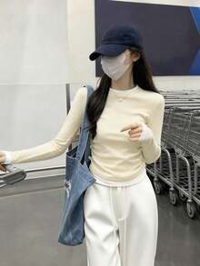 女款春季圓領拼接設計 2 合 1 百褶百搭長袖 T-shirt 上衣 - 杏色 - 查看 4