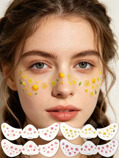 4pcs Watercolor Floral & Fruit Freckle Temporary Face Tattoo Stickers, Waterproof Long-Lasting Party Cosplay Makeup Decals