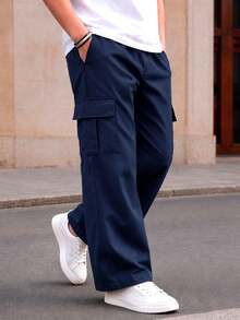 1pc Young BoyAll-Match Solid Color Comfortable Simple Versatile Cargo Pants - Navy Blue - View 10