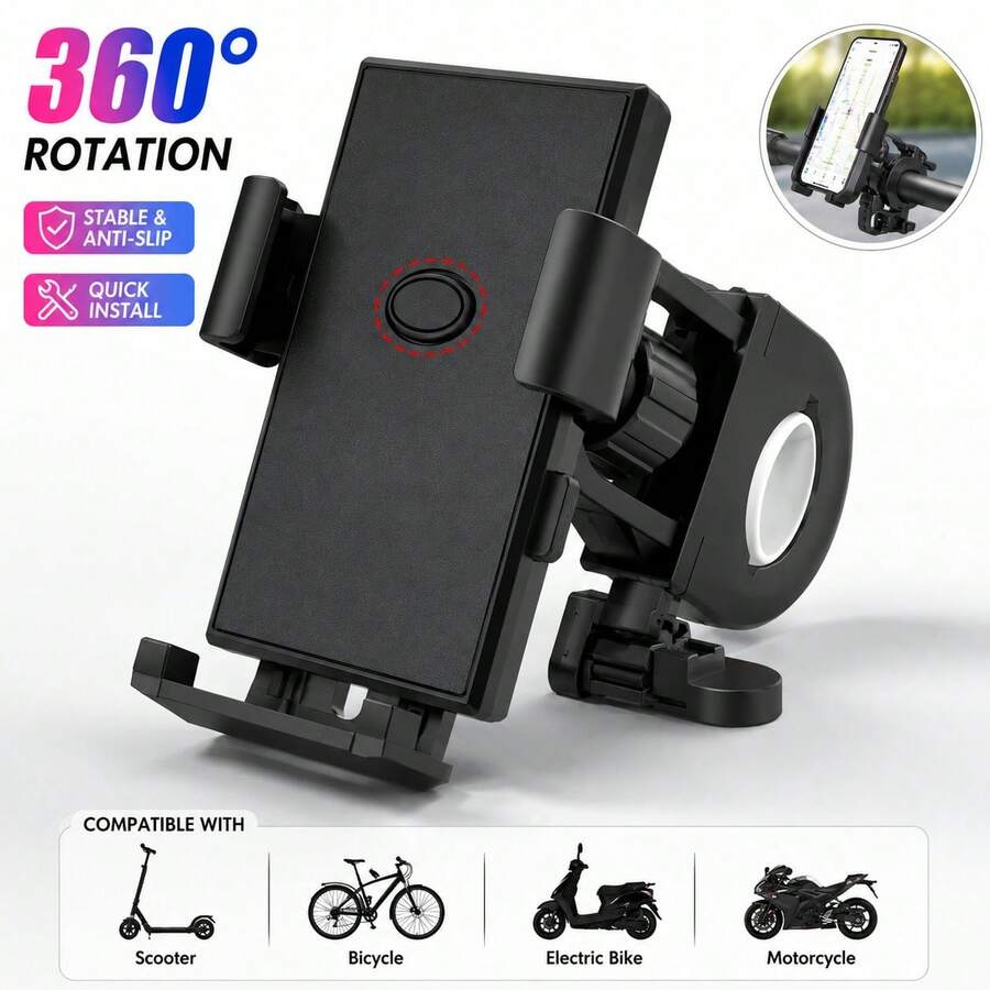 1個通用型單車車把手機支架,360度旋轉,一鍵快速鎖定,防滑防震,適用於電動單車與自行車 - 彩色 - 查看 1