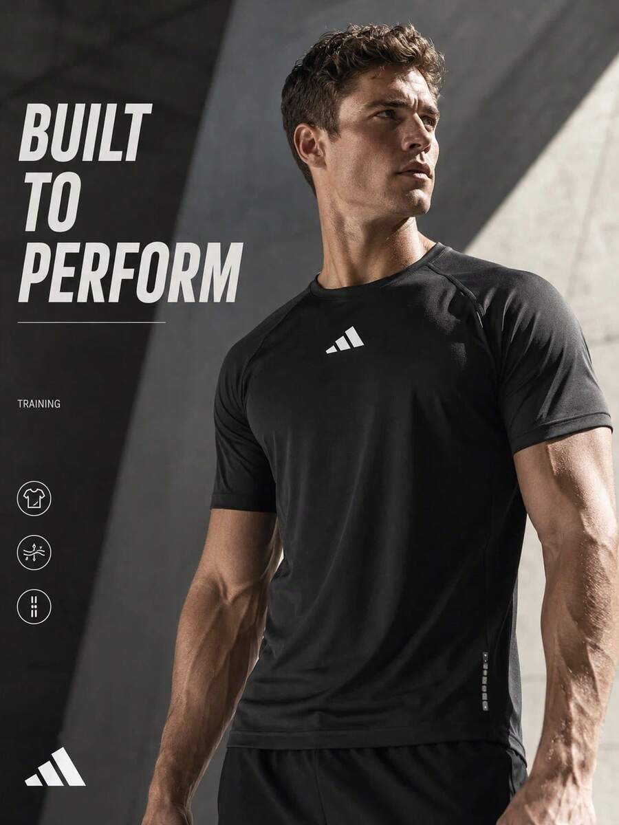 Adidas 舒適修身透氣休閒運動男士 圓領短袖T卹 - 黑色 - 查看 1