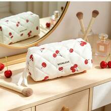 Kawaii Red Cherry Print Quilted Makeup Bag, Soft Large Capacity Portable Zipper Cosmetic Pouch, Waterproof Travel Toiletry Storage Bag For Women Girls Daily Trip & Stationery Use - Multicolor - View 6