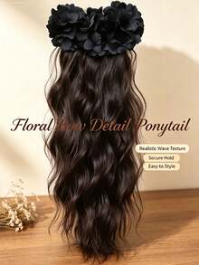 1pc Large Wavy Ponytail Pear Blossom Claw Clip, Realistic Natural Invisible Black Hair Extension, Fashionable Banana Clip With Floral Design, Premium Style For Women - Multicolor - View 3