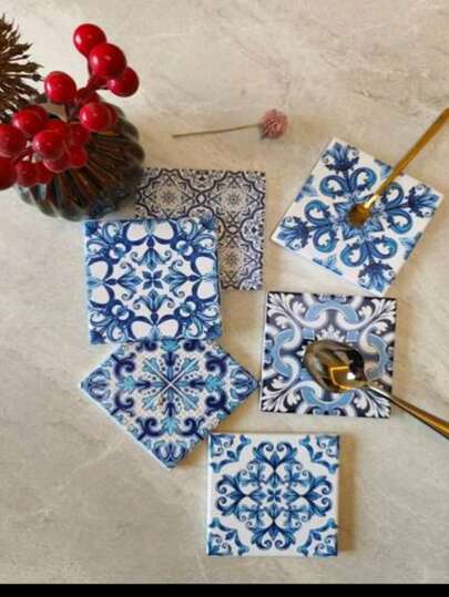 1 Set Patterned Square Design PET Anti-Slip Coasters, Home Kitchen Decor Accessories, Cute Affordable Small Items, Outdoor Garden Supplies, Suitable For Various Holiday Parties, Wedding Accessories, Thanksgiving, Back To School Season Decoration Gifts