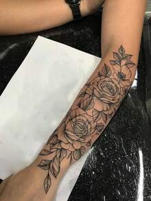 3入時尚可水洗線條百合花紋身貼紙，防水長效，清新花苞漸層花蕊圖案，適合女性側腰，逼真臨時紋身貼 - 黑色 - 查看 5
