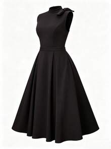 NOU Elegant Lady Style Bow Tie Small Stand Collar Cap Sleeve Short Sleeve A-Line Waist-Defining Mid-Length Dress For Women, Flattering Proportion, - Black - View 8