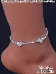 2pcs Luxury Heart Metal Inlaid CZ Silver Anklet Set, Suitable For Women's Daily Wear And Dating - Silver - View 6