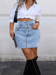 HAPPY GIRL#Plus Size Women's Spring/Summer Fashion Vacation Daily Travel Elastic High Waist Button-Front Denim Skirt - Blue - View 8