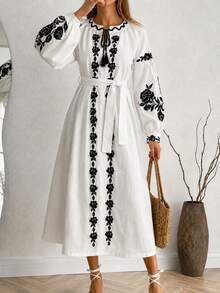Women's Bohemian Style Casual Black Mid-Length Dress, With Tie Neckline, Long Dolman Sleeves, Embroidered Ruffle Trim Details - White - View 2