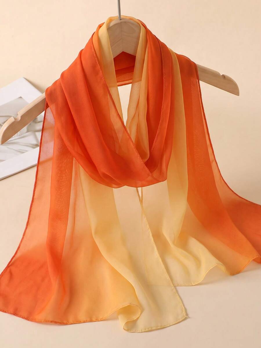1pc Women's Minimalist Classic Gradient Color Lightweight Chiffon Scarf, Skin-Friendly Comfortable Sun Protection Shawl, Suitable For Daily Use - Coral Orange - View 1