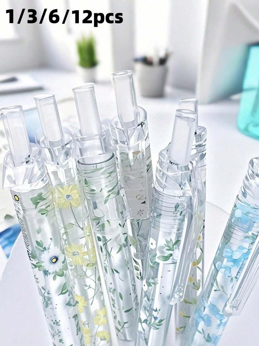 12/6/3/1支裝 可伸縮花卉圖案 0.5mm 黑色快乾中性筆，適合筆記本與辦公文具順暢書寫，開學季首選