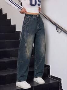 Women's Autumn/Winter Washed Denim Straight Leg Pants, Casual Loose Non-Stretch Wide Leg Trousers, Distressed Style Design Vacation - Teal Blue - View 3