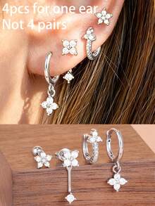 4PCS Exquisite Stainless Steel Zirconia Round Hoop Earring Set For Women Temperament Flower Ear Stud Cartilage Piercing Jewelry - 4PCS - Silver - View 1