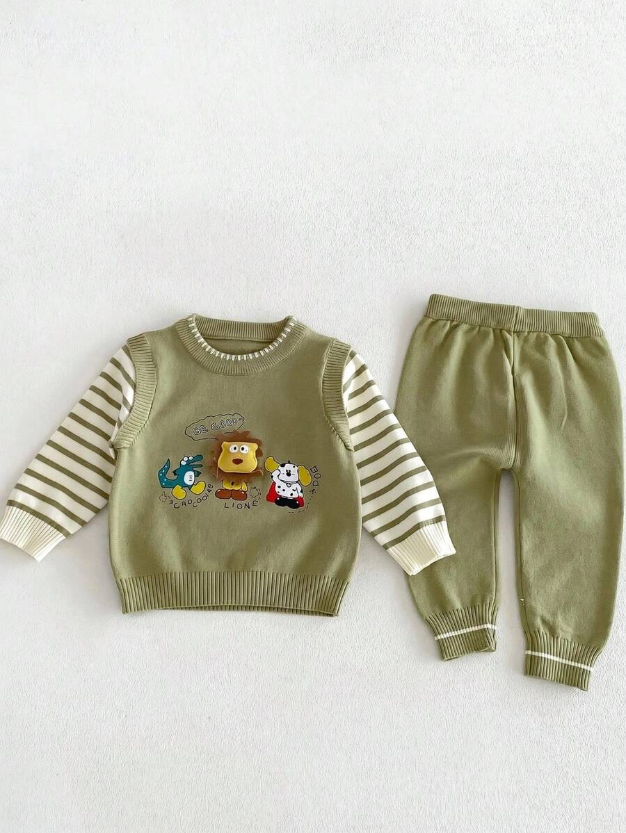 嬰幼兒秋季套裝 新款針織毛衣套裝,秋季時尚卡通獅子 3D 刺繡假兩件式上衣與褲子套裝 - 綠色 - 查看 1