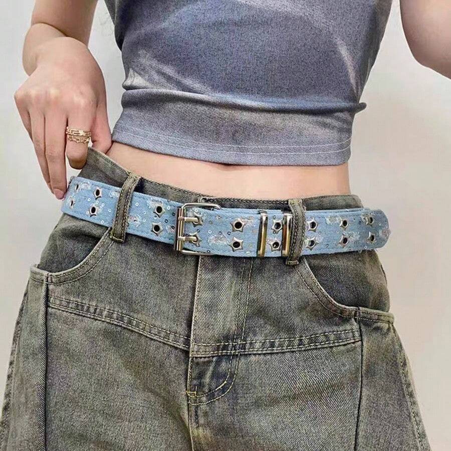1 buah Sabuk Denim Berlubang Bintang Ganda Gaya Punk Y2K Street, Cocok untuk Celana Jeans, Celana Pendek, Gaya Jalanan, Pesta - Denim biru bintang dua baris - View 1
