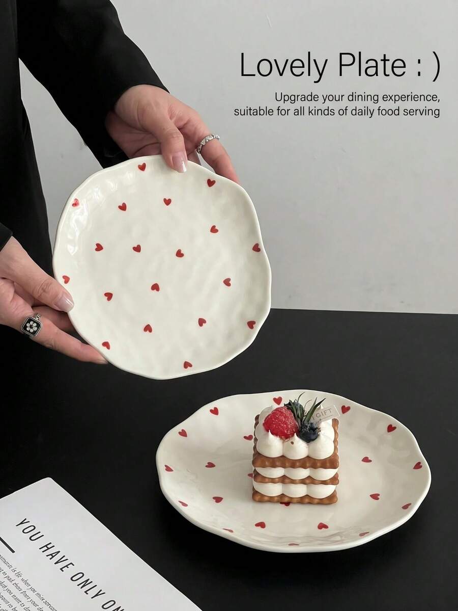 1pc Asymmetrical Hand-Pinched Ruffled Ceramic Dessert Plate, Multiple Floral Swallow Heart Designs, Dessert Plate For Home Afternoon Tea Coffee Cup Tray, High Aesthetic Gift Tableware - Multicolor - View 1