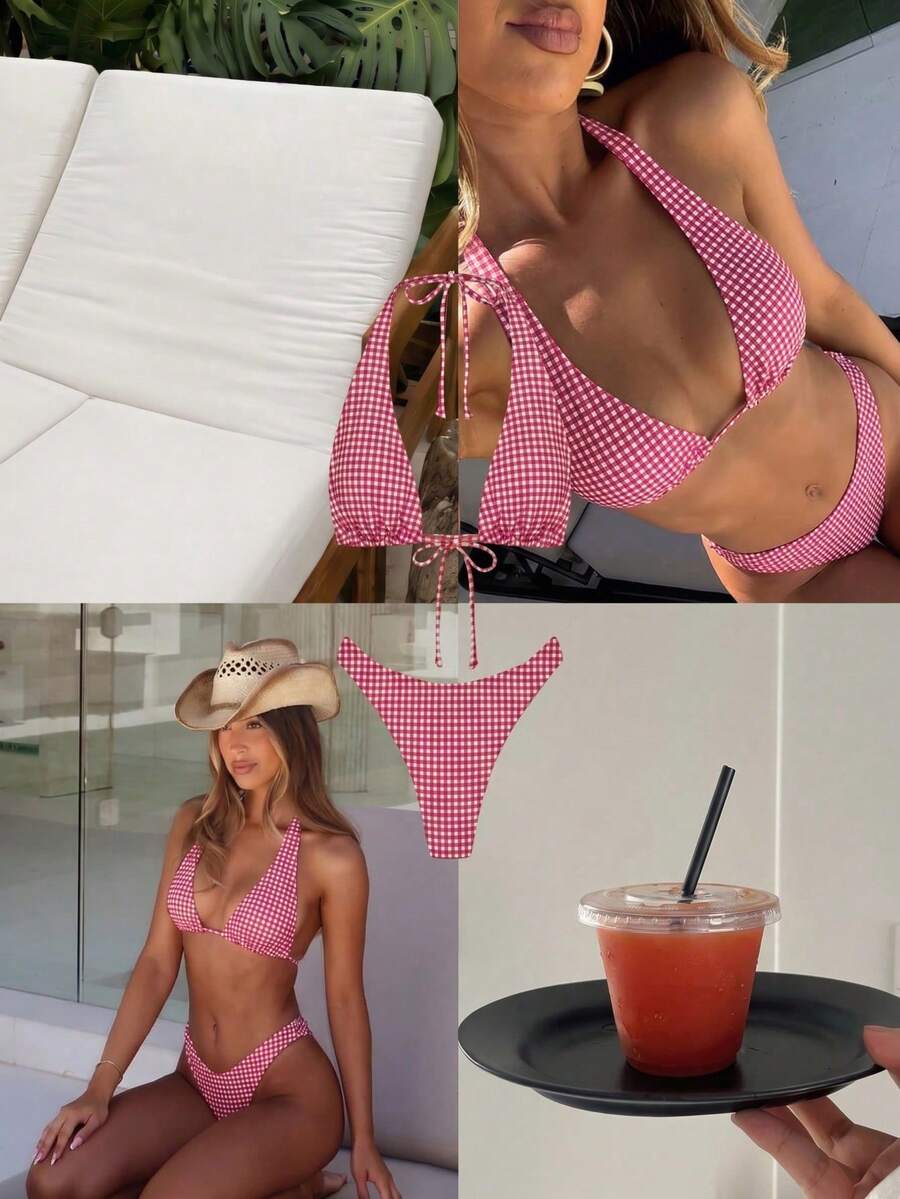 女款夏季度假泳裝系列,奶油黃掛脖三角比基尼套裝,V領高腰高衩兩件式性感泳衣 - 彩色 - 查看 1