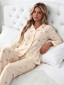 Nina Bonheur 2pcs Set Piyama Wanita Longgar Nyaman Bernapas Atasan Lengan Panjang dan Celana Panjang - Aprikot - View 3