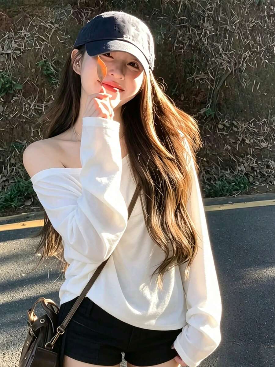 Women's Fashion Off-Shoulder Long Sleeve T-Shirt, High Elasticity Polyester Fabric, Autumn Essential, Suitable For Daily Wear White Casual - White - View 1