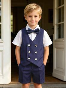 4pcs Young Boys Summer Suit Set - Vest + Shorts + Short Sleeve Shirt + Bow Tie, Suitable For School Performance, Wedding Pageboy, Holiday Occasions - Navy Blue - View 1