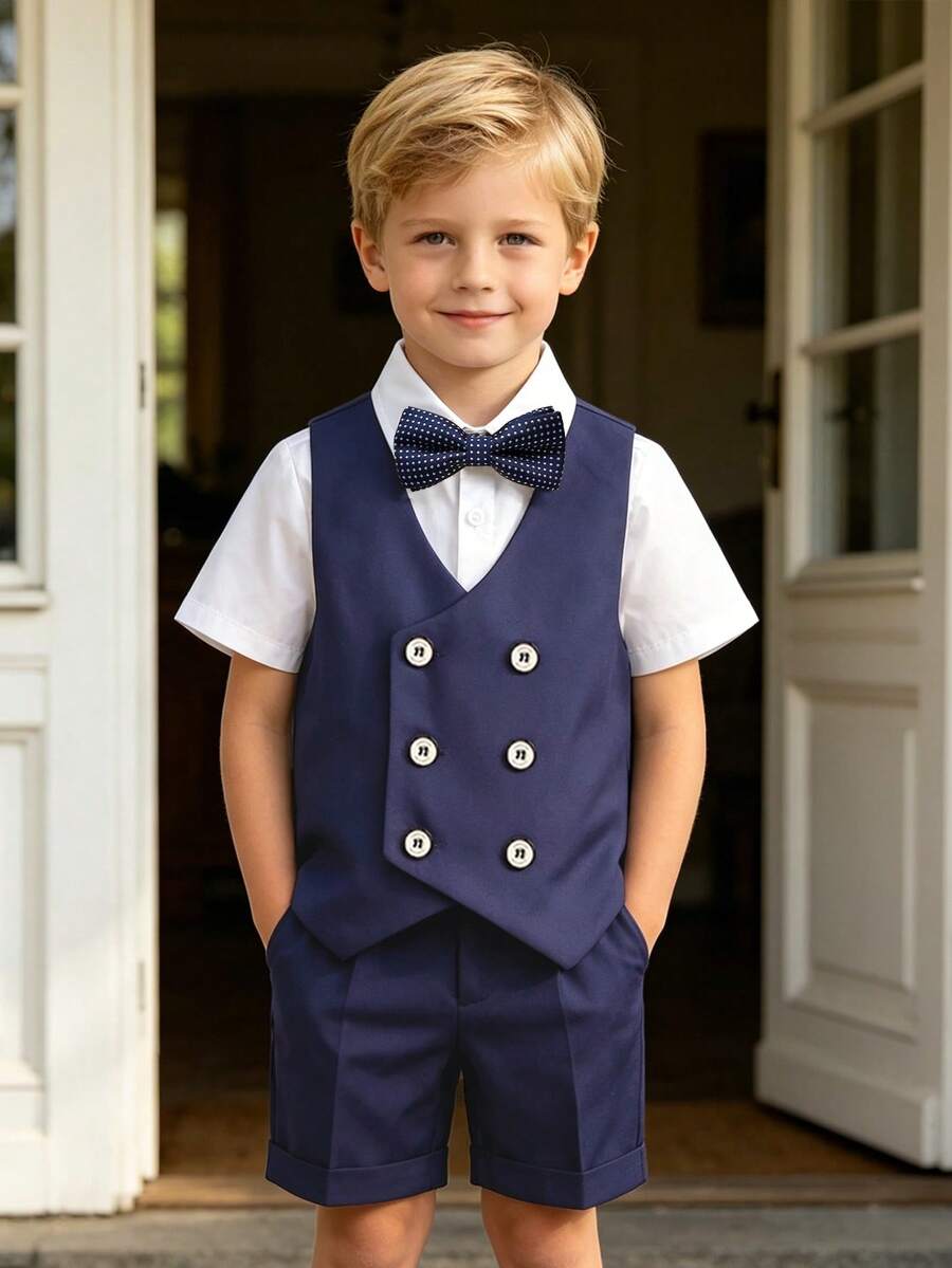 4pcs Young Boys Summer Suit Set - Vest + Shorts + Short Sleeve Shirt + Bow Tie, Suitable For School Performance, Wedding Pageboy, Holiday Occasions - Navy Blue - View 1