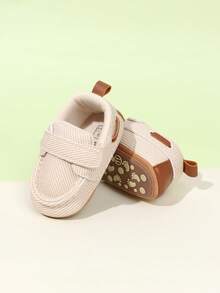 1 Pair Boys Solid Color PU Hook & Loop Design Flat Non-Slip 0-1 Years Old Newborn Infant Pre-Walker Shoes, Fashionable Minimalist Classic Sports Shoes Suitable For Spring And Autumn - Beige - View 3