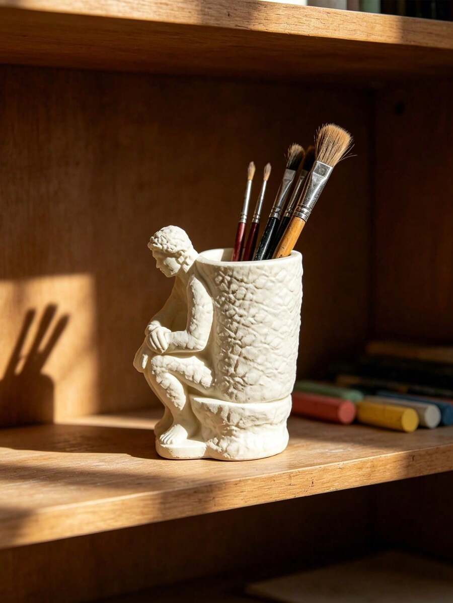 1pc White Thinker Statue Pen Holder Desktop Organizer Storage Rack Suitable For Desk Studio Art Room Office Bookshelf Display Storage Accessory Creative Gift Relaxing Atmosphere Artcore - 1pc - View 1