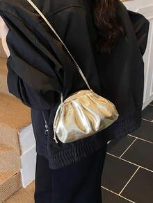 Women's Fashion Pleated Cloud Crossbody Bag, Casual Commute Minimalist Clasp Shoulder Phone Bag, PU Material - Gold - View 3