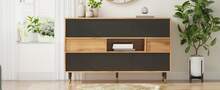 Sideboard With Shelves, Living Room Cabinet, Kitchen Cabinet, Black And Natural Wood Combination - Black and Natural - View 6