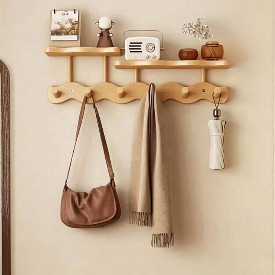 1pc Solid Wood Wavy Pattern High-End Wall Coat Rack, Shelf + Multi-Hook 2-In-1 Design, Modern Style Natural Wood Finish, Home Entryway Hallway Doorway Key Bag Storage Hanging Rack, Easy Installation High Load-Bearing Stable Structure, Cream Style High Aesthetic Home Decor Wall Storage Organizer - Multicolor - View 1