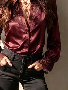 Vintage Women's Elegant Satin Blouse With Lace Ruffle Patchwork, Simple Elegant Retro Daily Long Sleeve Petal Sleeve Satin Commuter Blouse - Dark Red - View 4