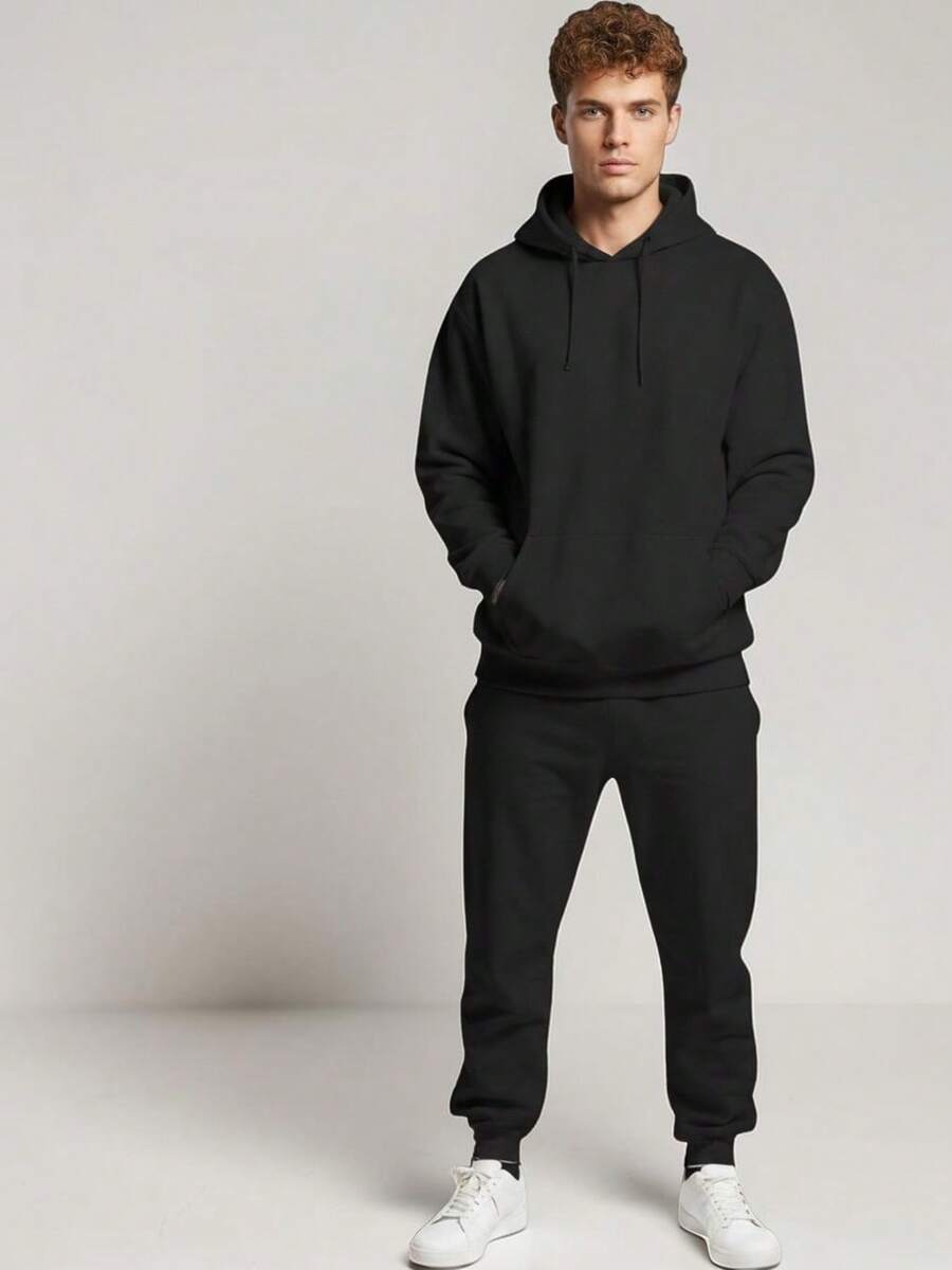 CONJUNTO, SUDADERA CON CAPUCHA Y PANTALON PARA HOMBRE, CASUAL FIT, CON CIERRE Y BOLSAS A LOS COSTADOS - Negro - Ver 1