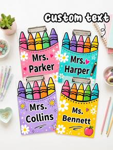 1pc Custom Teacher Name Crayon Bucket Clipboard, Personalized Cute Rainbow Crayon Writing Board, Pastel Pocket Art Clip Board,Teacher Appreciation Gift,Back To School,OfficeDesk Decor,Teacher Gift - Multicolor - View 3