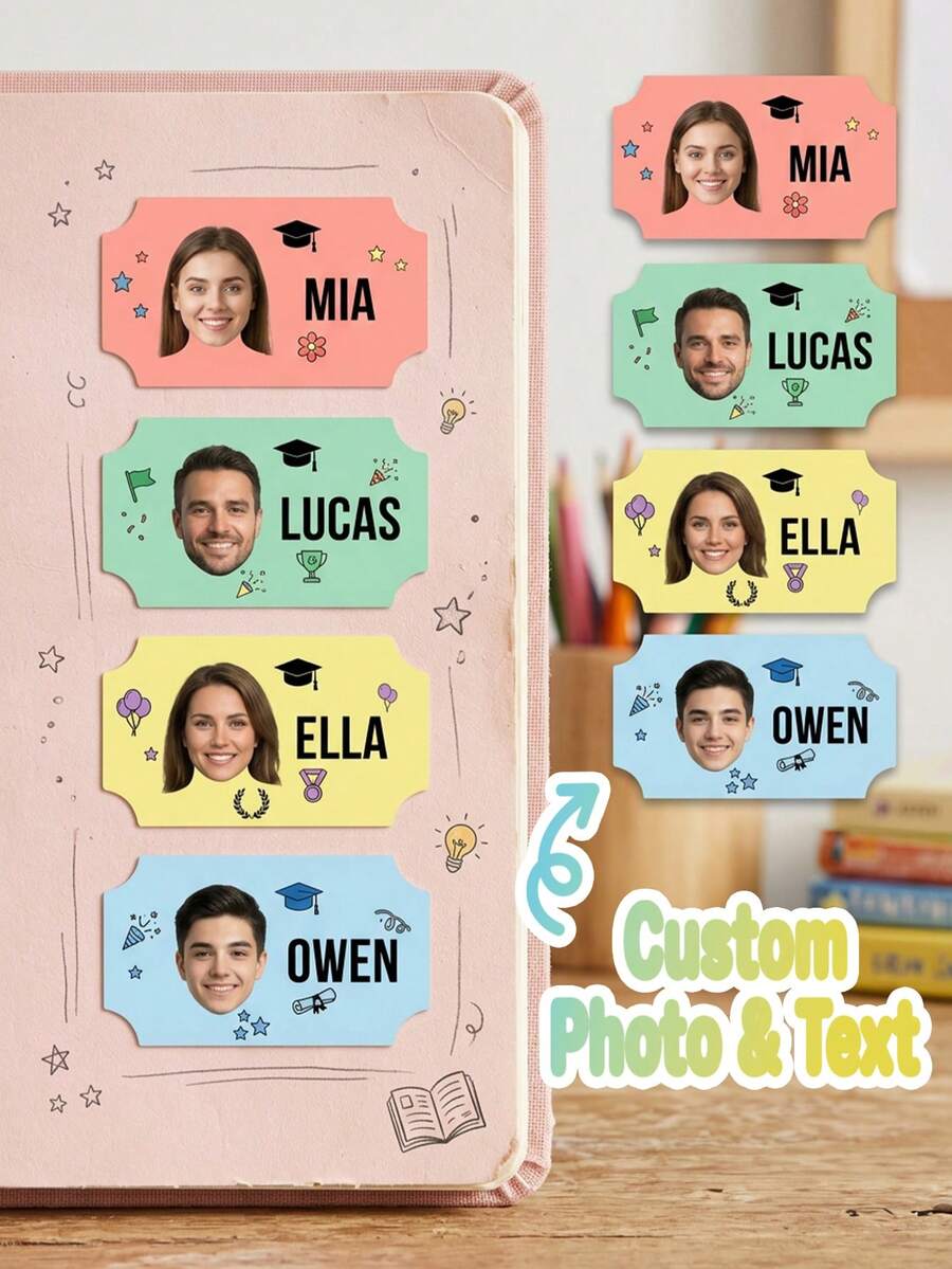 1 pieza Etiqueta de graduación personalizada con foto y texto, pegatina de nombre, calcomanía personalizada de diploma lindo, regalo para estudiante para taza, manualidades personalizadas de graduación escolar - Multicolor - Ver 1
