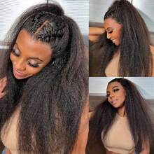 Kinky Straight Half Wigs Human Hair 200Density Glueless Wear And Go 3 In 1 Drawstring Seamless Flip Over Curly Half Human Hair Wigs - Natural Black - View 3